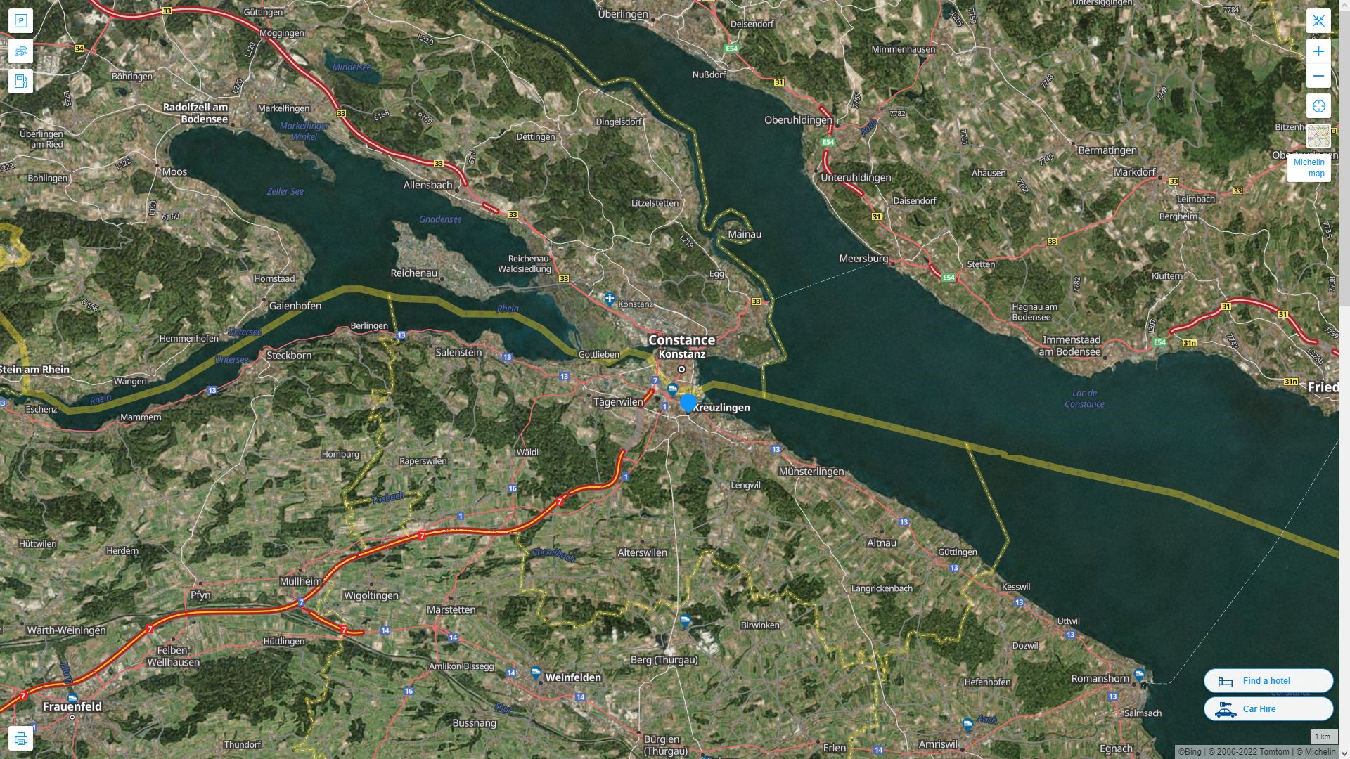 Kreuzlingen Suisse Autoroute et carte routiere avec vue satellite